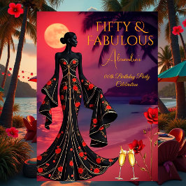Invitación Fabuloso Cumpleaños Playa Luz de Luna Negro Rojo D