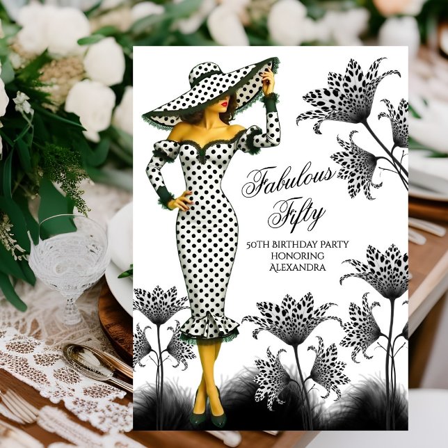 Invitación Fabuloso cumpleaños Polka Dot Woman Black White (Subido por el creador)