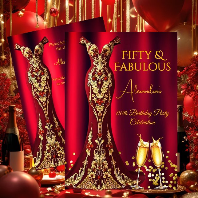 Invitación Fabuloso cumpleaños Red Gems Gold Vestido Champagn (Subido por el creador)