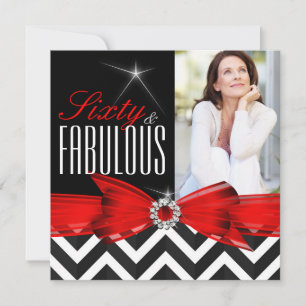 Invitación Fabuloso Cumpleaños Rojo Chevron Negro Blanco 60