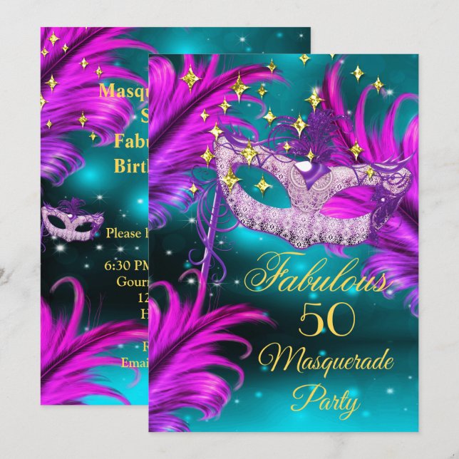 Invitación Fabuloso Cumpleaños verde azulado Mascarada rosa P (Anverso / Reverso)