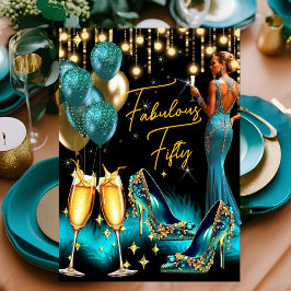 Invitación Fabuloso cumpleaños Verde azulado vestido de champ