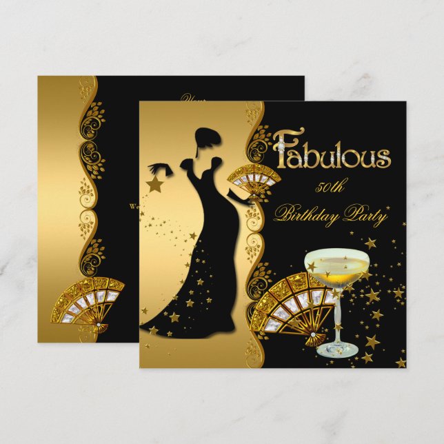 Invitación Fabuloso Deco Lady 50th Birthday Party Gold Black (Anverso / Reverso)