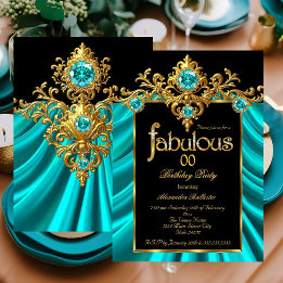 Invitación Fabuloso Elegante Cumpleaños Azul Teal Seda Oro Jo