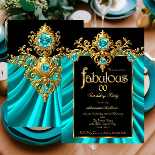Invitación Fabuloso Elegante Cumpleaños Azul Teal Seda Oro Jo