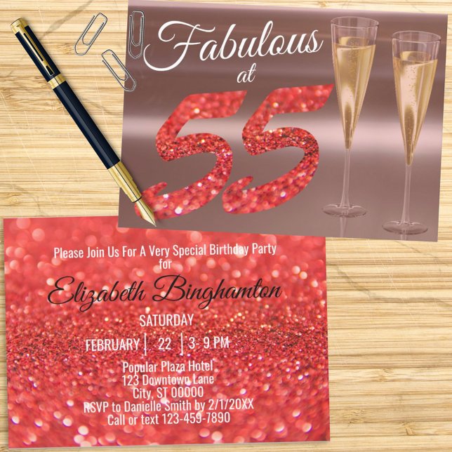 Invitación Fabuloso en 55 Fiesta Purpurina de Coral en cumple (Subido por el creador)