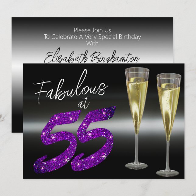 Invitación Fabuloso en 55 Purpurinas Púrpura Fiesta elegante (Anverso / Reverso)