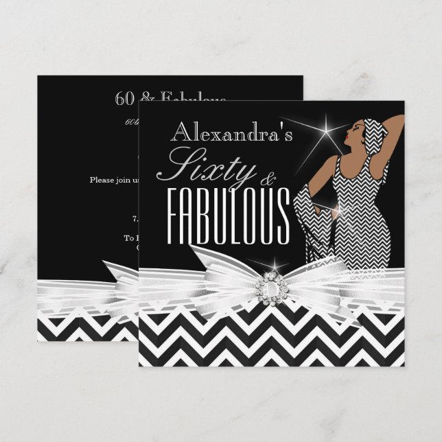 Invitación Fabuloso Fabuloso 60 Chevron Nacimiento Blanco Neg (Anverso / Reverso)