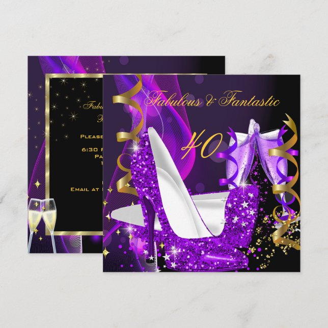 Invitación Fabuloso Fantástico Moderno Purple Gold Cumpleaños (Anverso / Reverso)