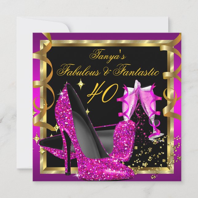 Invitación Fabuloso Fantástico moderno rosa dorado negro (Anverso)