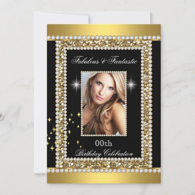 Invitación Fabuloso Fantástico Oro Negro Glamour Hollywood (Anverso)