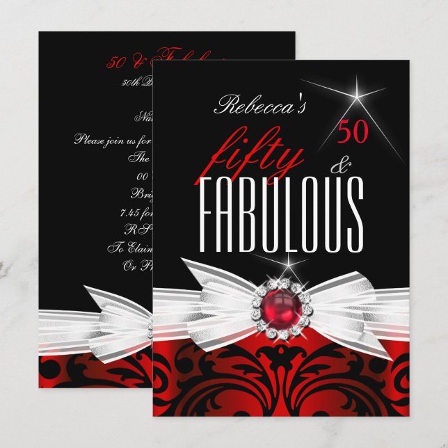 Invitación Fabuloso festival Wild Red Black Damask 50th Birth (Anverso / Reverso)