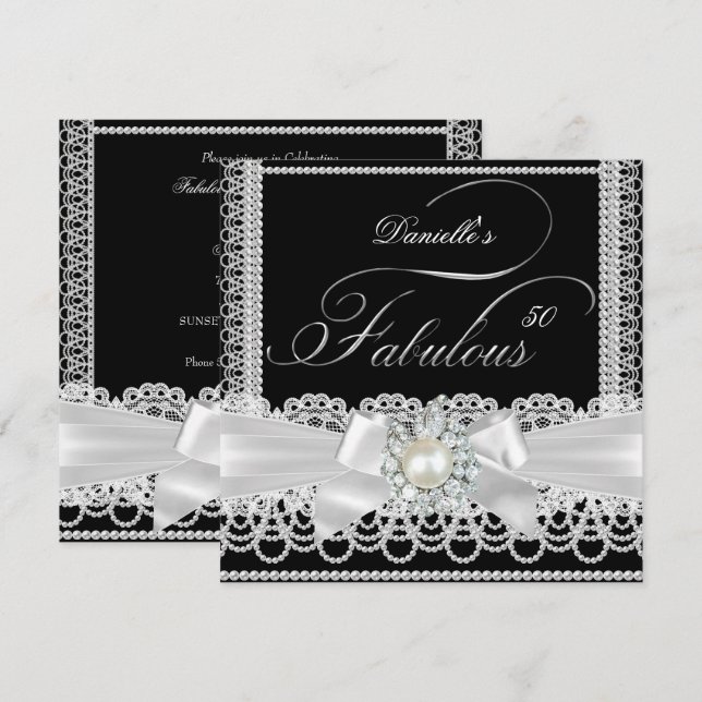 Invitación Fabuloso Fiesta Black White Pearl Lace Bow (Anverso / Reverso)