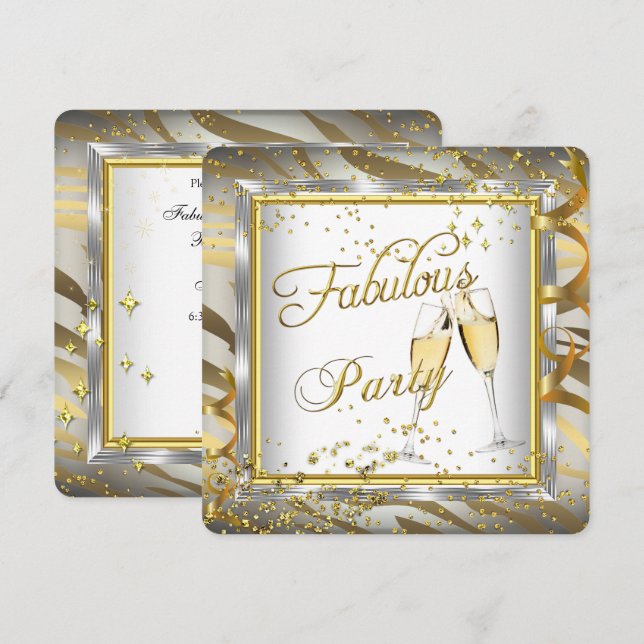 Invitación Fabuloso Fiesta Champagne Cebra Crema Gold Silver  (Anverso / Reverso)