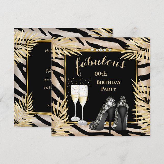Invitación Fabuloso Fiesta de cebra Champagne Beige Gold Palm (Anverso / Reverso)