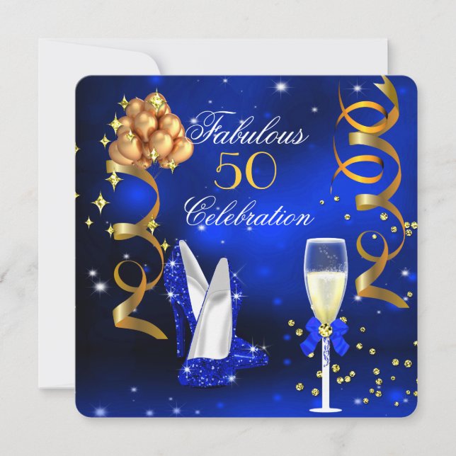 Invitación Fabuloso Fiesta de Champagne Royal Blue Heels Gold (Anverso)