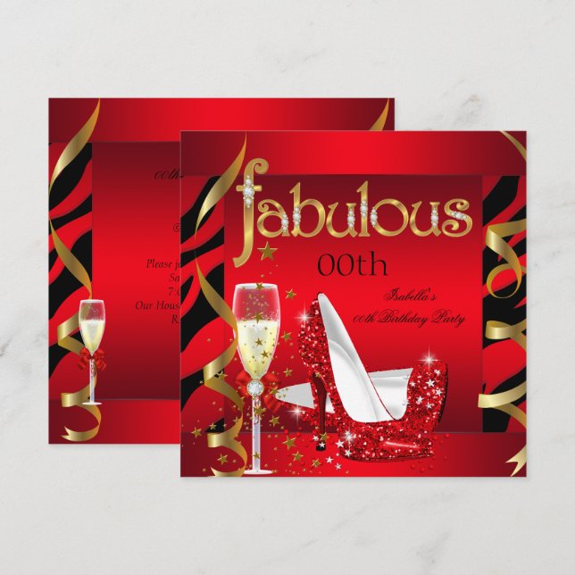 Invitación Fabuloso Fiesta de champán rojo negro cebra (Anverso / Reverso)