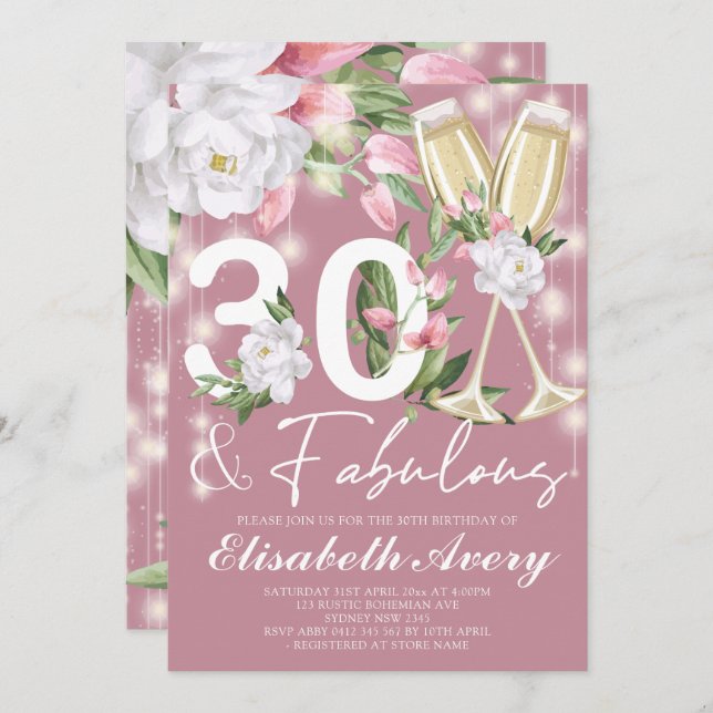 Invitación Fabuloso Fiesta de cumpleaños 30 de la floral de l (Anverso / Reverso)