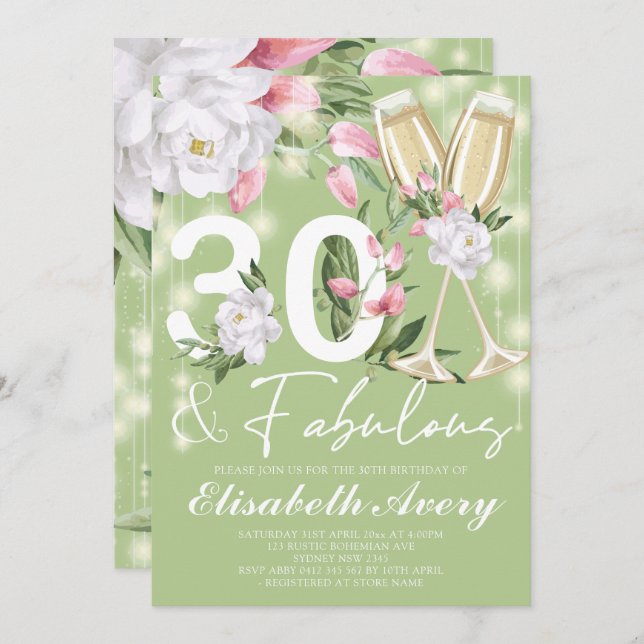 Invitación Fabuloso Fiesta de cumpleaños 30 de la floral de l (Anverso / Reverso)