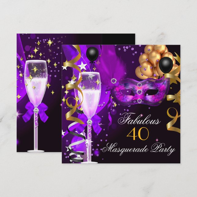 Invitación Fabuloso Fiesta de la Mascarada Negra de Oro Púrpu (Anverso / Reverso)