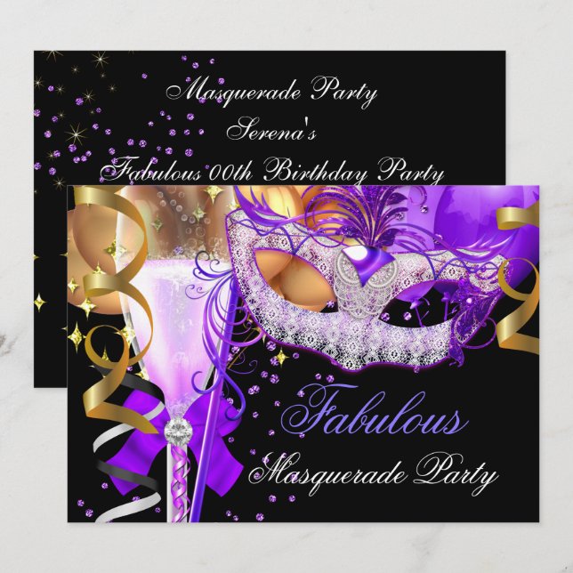 Invitación Fabuloso Fiesta de la Mascarada Negra de Oro Púrpu (Anverso / Reverso)