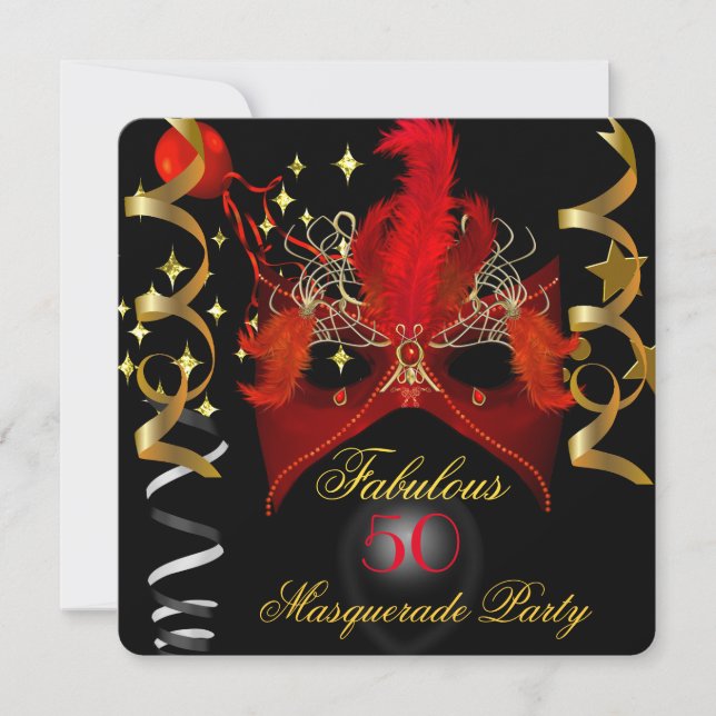 Invitación Fabuloso Fiesta de la Mascarada Negra de Oro Rojo (Anverso)