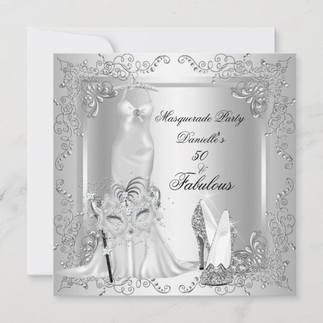 Invitación Fabuloso Fiesta de mascarada 50 cumpleaños Plata 2 (Anverso)