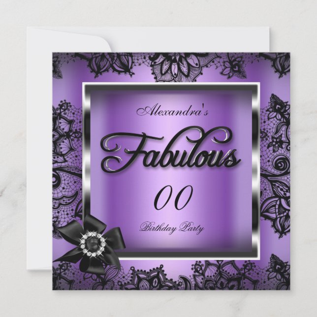 Invitación Fabuloso Fiesta Purple Damask Black Lace Pearl (Anverso)