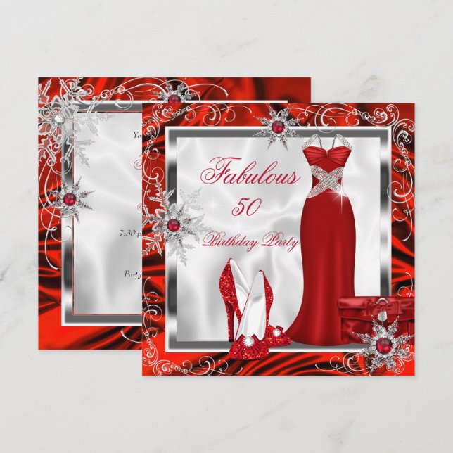 Invitación Fabuloso Fiesta Rojo Plata Talla de Vestido H7 (Anverso / Reverso)