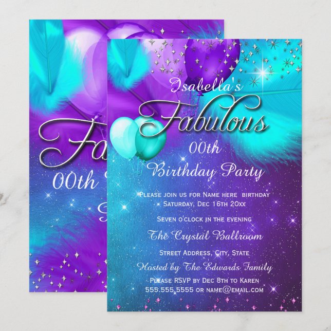 Invitación Fabuloso Fiesta Verde azulado Blue Purple Silver G (Anverso / Reverso)
