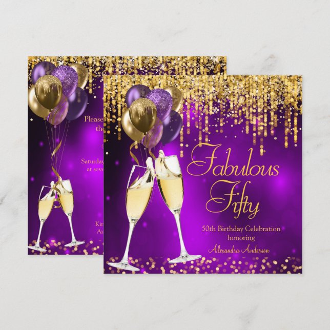 Invitación Fabuloso Fifty Purple Purpurina Gold Champagne SQ (Anverso / Reverso)