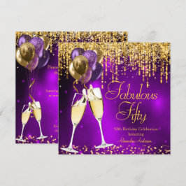 Invitación Fabuloso Fifty Purple Purpurina Gold Champagne SQ