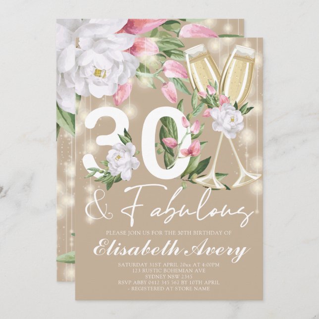 Invitación Fabuloso Floral 30. Fiesta de cumpleaños (Anverso / Reverso)