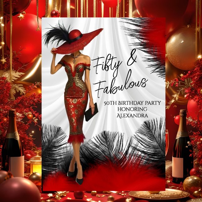 Invitación Fabuloso glamour de cumpleaños mujer plumas rojas  (Subido por el creador)