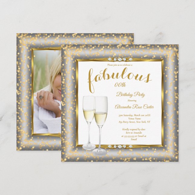 Invitación Fabuloso Gold Silver Champagne Foto plaza de cumpl (Anverso / Reverso)