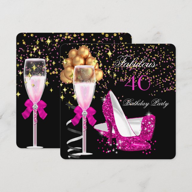 Invitación Fabuloso Hot Pink Heels Gold Black Birday Party (Anverso / Reverso)