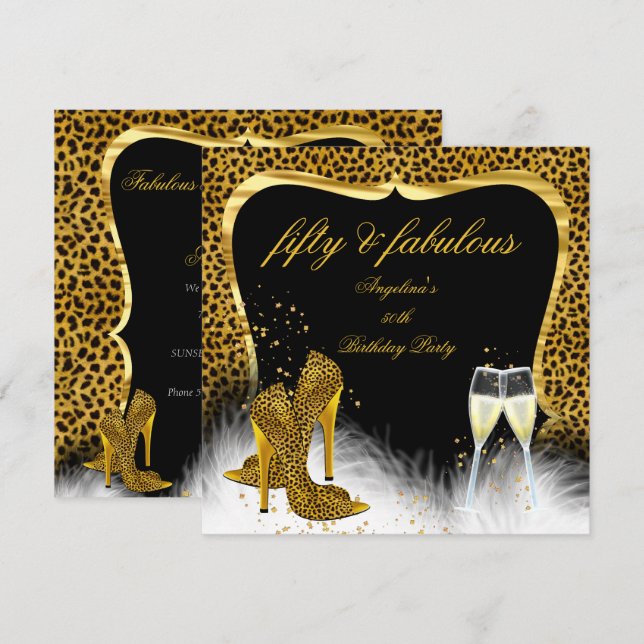 Invitación Fabuloso leopardo de champán de oro 50 Fiestas (Anverso / Reverso)