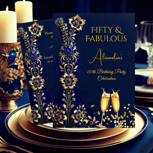 Invitación Fabuloso Nacimiento Navy Blue Gold Vestido Champag (Subido por el creador)