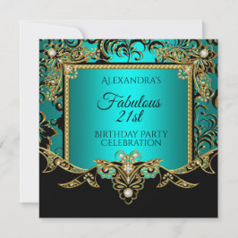 Invitación Fabuloso oro Verde azulado AZUL Negro 21 cumpleaño
