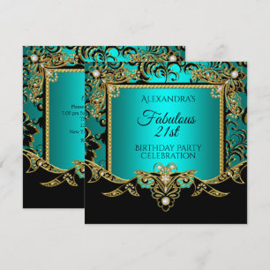 Invitación Fabuloso oro Verde azulado AZUL Negro 21 cumpleaño