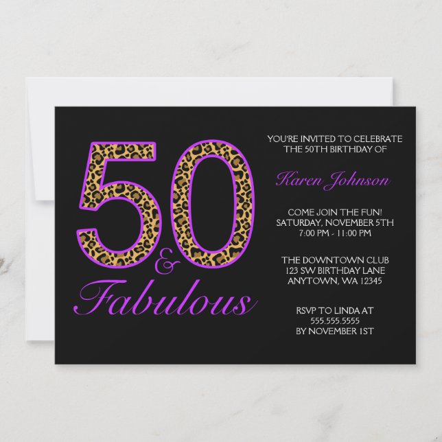 Invitación Fabuloso partido de cumpleaños 50° morado del leop (Anverso)