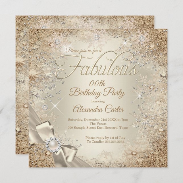 Invitación Fabuloso Pearl Bow Beige Cream Gold Snowflake (Anverso / Reverso)