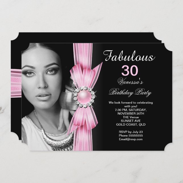 Invitación Fabuloso Photo Birday Party Soft Pink Black (Anverso / Reverso)