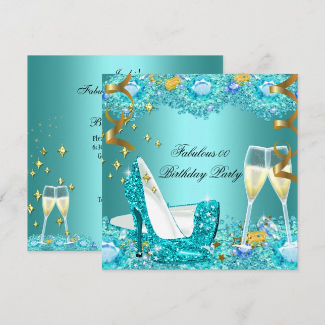Invitación Fabuloso Purpurina azul Verde azulado de tacones a (Anverso / Reverso)
