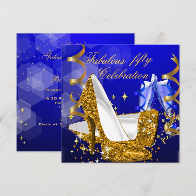 Invitación Fabuloso Purpurina Blue Gold High Heol Cumpleaños  (Anverso / Reverso)
