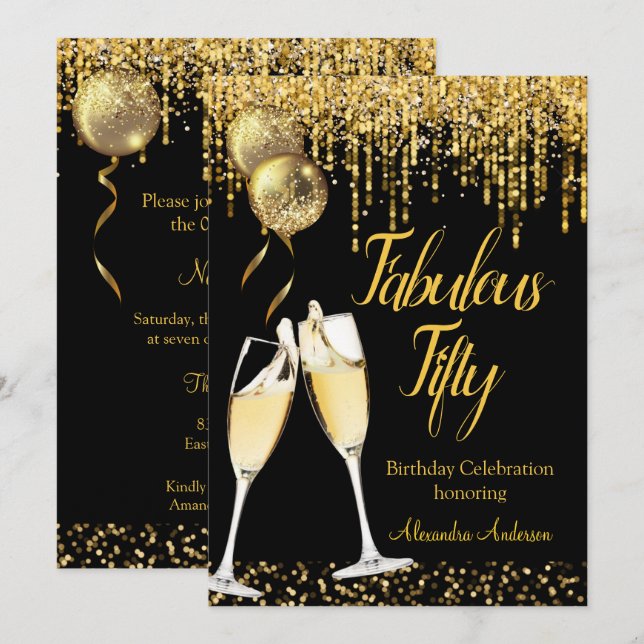 Invitación Fabuloso Purpurina de 50 años Gold Champagne 2 (Anverso / Reverso)