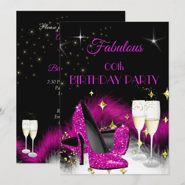Invitación Fabuloso Purpurina Fiesta Rosado Caliente Champagn (Anverso / Reverso)