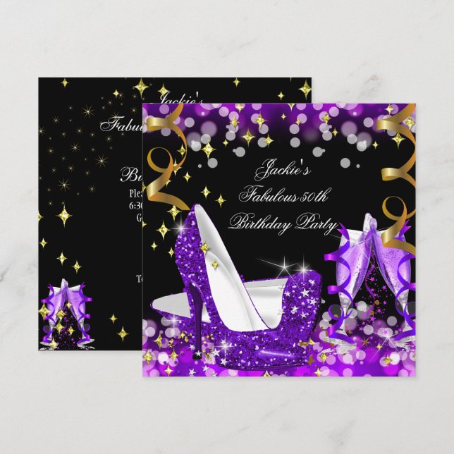 Invitación Fabuloso Purpurina Púrpura de tacón alto 50 cumple (Anverso / Reverso)