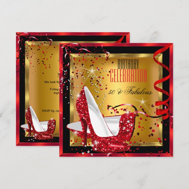 Invitación Fabuloso Purpurina Red High Heels Gold Birday (Anverso / Reverso)
