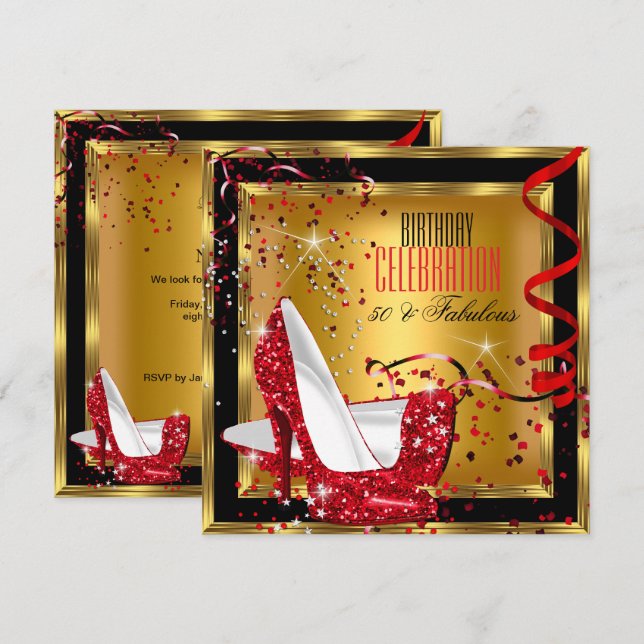 Invitación Fabuloso Purpurina Red High Heels Gold Birday 2 (Anverso / Reverso)